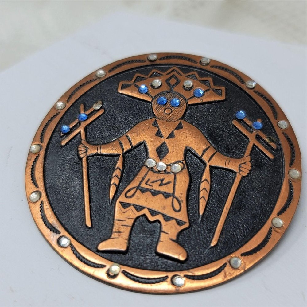 Copper Indian Fancy Dancer Pin Brooch Rhinestones - Picture 2 of 7